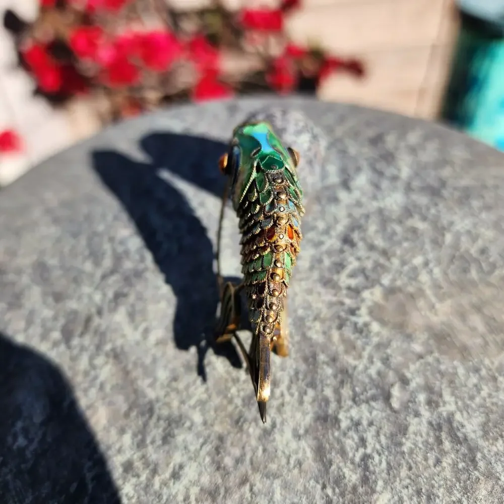 Vtg Old Chinese Export Fish Figurine Sterling Silver Gilt Cloisonne Articulated